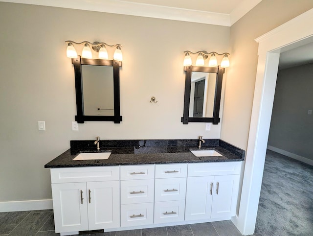 bathroom with vanity, tile patterned flooring, and ornamental molding