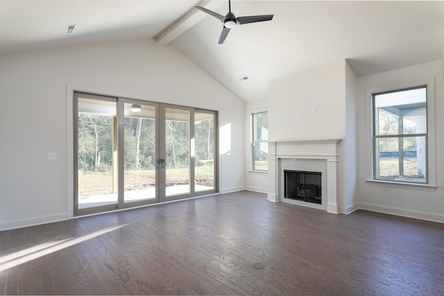 unfurnished living room with beam ceiling, high vaulted ceiling, ceiling fan, and dark wood-type flooring