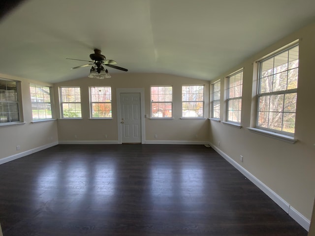 unfurnished sunroom featuring ceiling fan and lofted ceiling