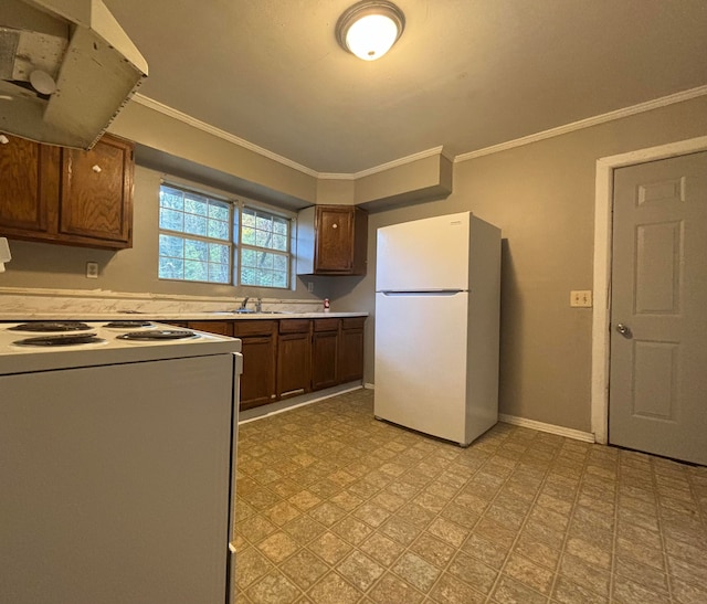 kitchen with sink, white appliances, ornamental molding, and exhaust hood