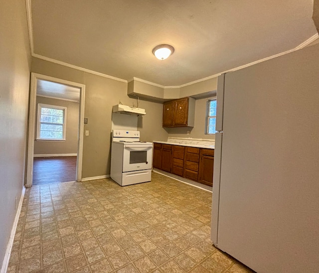 kitchen featuring white range with electric stovetop and ornamental molding