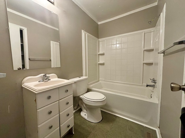 full bathroom with vanity,  shower combination, toilet, and ornamental molding