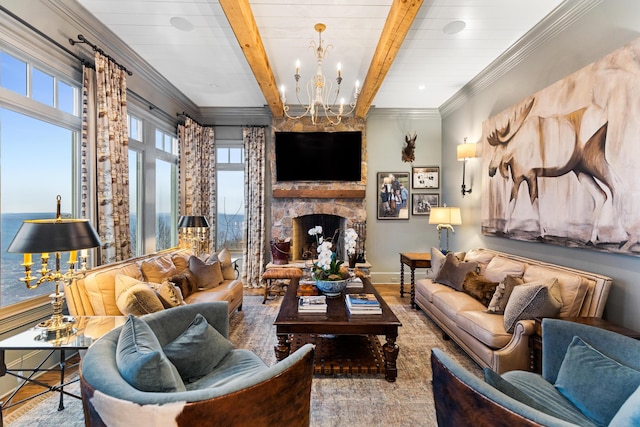 living room featuring hardwood / wood-style flooring, an inviting chandelier, a water view, beamed ceiling, and a stone fireplace