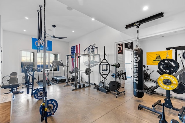 workout area featuring ceiling fan