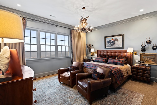 bedroom with an inviting chandelier and crown molding