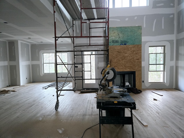 living room featuring wood-type flooring and a fireplace