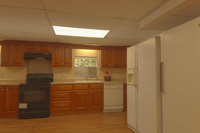 kitchen with white appliances, light hardwood / wood-style flooring, a drop ceiling, and sink