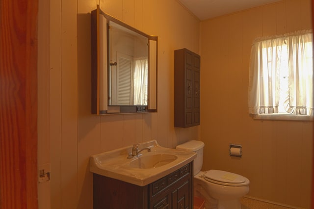 bathroom with vanity, toilet, and wood walls