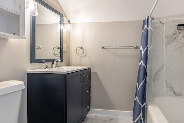 full bathroom featuring vanity, toilet, and shower / tub combo with curtain