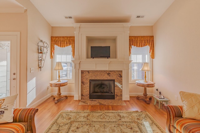 living room featuring a high end fireplace, light hardwood / wood-style floors, and a wealth of natural light