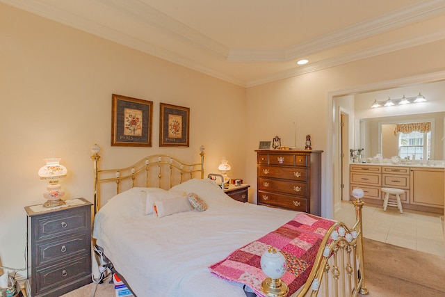 bedroom featuring light tile patterned floors and crown molding