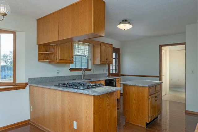 kitchen with kitchen peninsula, wood-type flooring, stainless steel gas stovetop, and sink