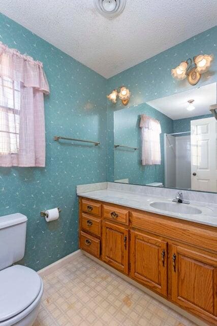 bathroom featuring vanity, toilet, a shower with door, and a textured ceiling