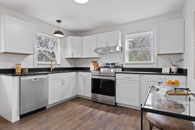 kitchen with sink, dark hardwood / wood-style floors, pendant lighting, white cabinets, and appliances with stainless steel finishes