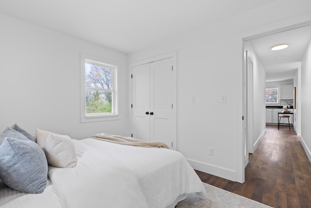 bedroom with a closet and dark hardwood / wood-style flooring