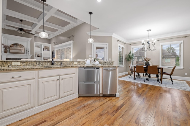 kitchen featuring coffered ceiling, white cabinets, ceiling fan with notable chandelier, sink, and light wood-type flooring