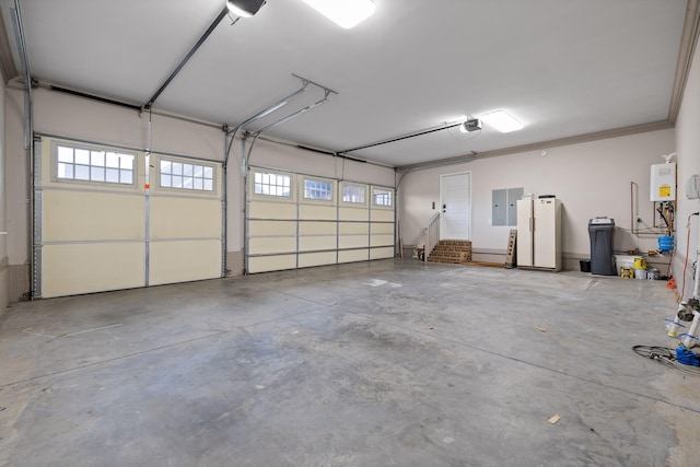 garage with electric panel, tankless water heater, and a garage door opener