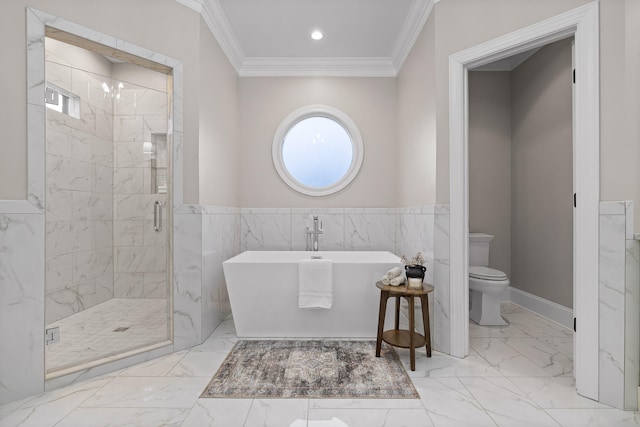 bathroom with separate shower and tub, toilet, tile walls, and ornamental molding