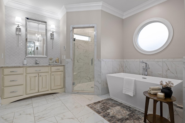 bathroom with shower with separate bathtub, vanity, tile walls, and crown molding