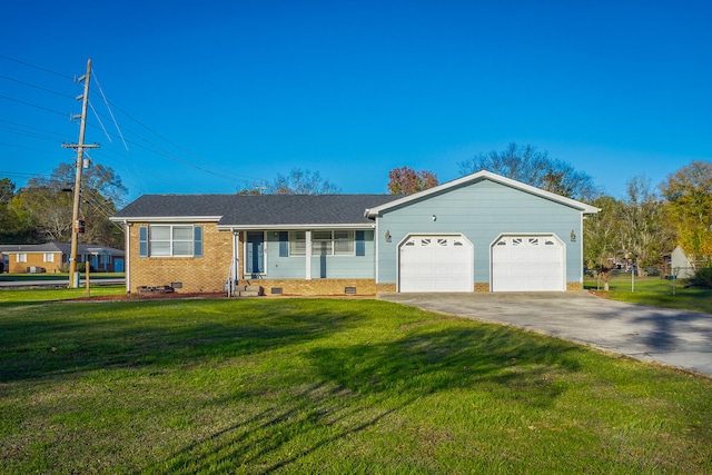 ranch-style house with a garage and a front lawn