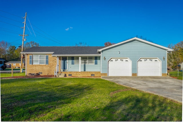 single story home with a front yard and a garage