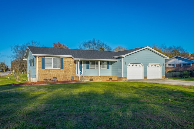 ranch-style house with a garage and a front lawn