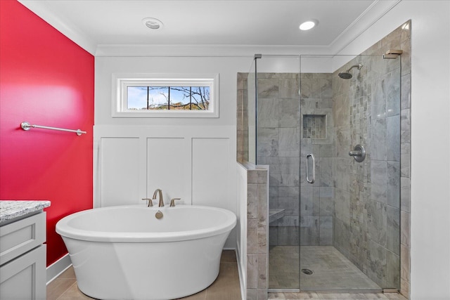 bathroom with tile patterned flooring, vanity, independent shower and bath, and crown molding