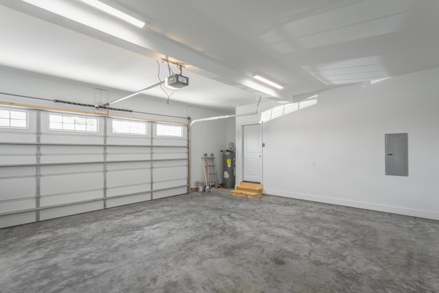 garage with electric panel, electric water heater, and a garage door opener