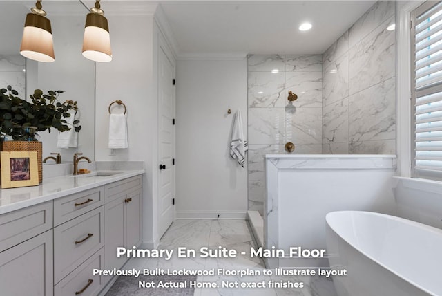 bathroom featuring vanity, a healthy amount of sunlight, crown molding, and shower with separate bathtub