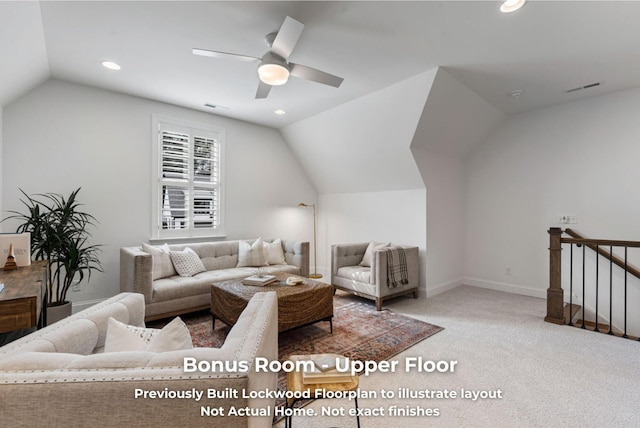 living room featuring carpet, ceiling fan, and lofted ceiling