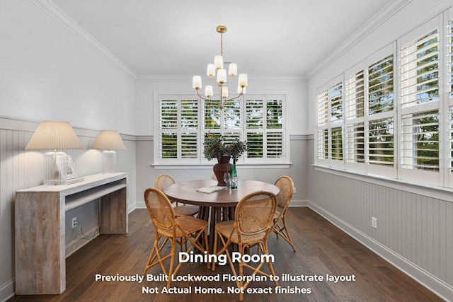 dining space with dark hardwood / wood-style flooring, ornamental molding, and a chandelier