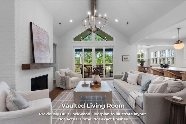 living room with high vaulted ceiling, a fireplace, beam ceiling, wood-type flooring, and a chandelier