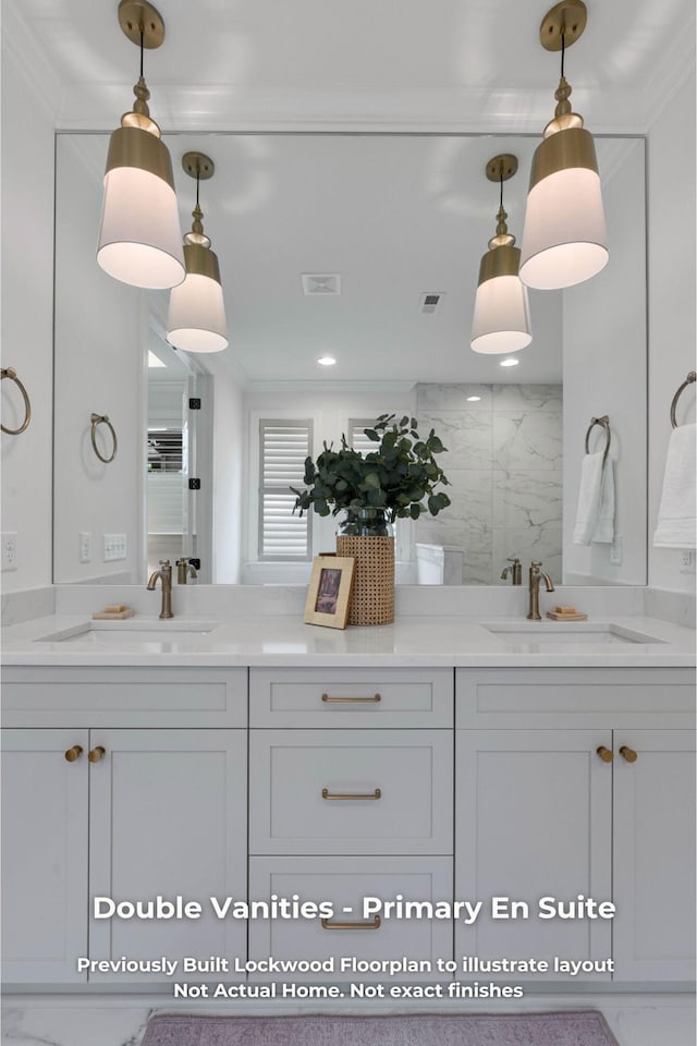 bathroom featuring crown molding, vanity, and walk in shower