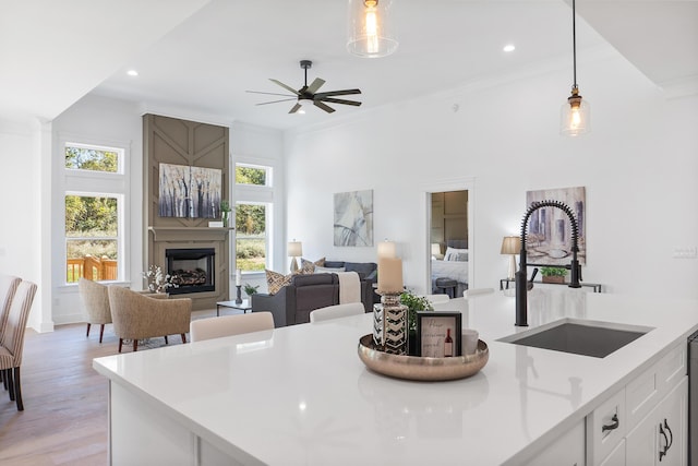 8340 Snowdrop Way, Ooltewah, TN 37363 - kitchen with a sink, a fireplace, light countertops, decorative light fixtures, and crown molding