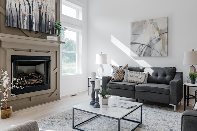 8340 Snowdrop Way, Ooltewah, TN 37363 - living area featuring a glass covered fireplace and wood finished floors