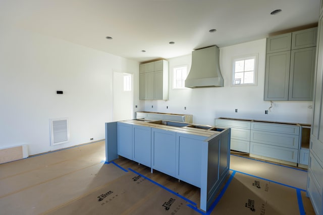 kitchen featuring custom range hood and hardwood / wood-style flooring