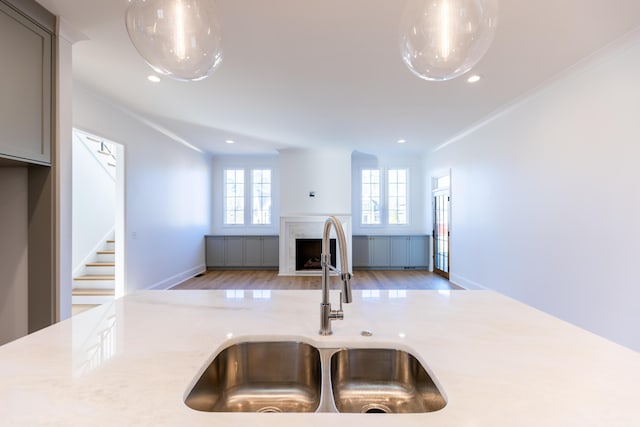 kitchen with crown molding, a fireplace, light countertops, and a sink