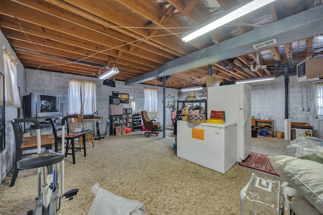 basement with fridge and white refrigerator