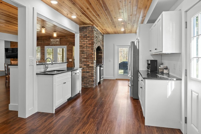 kitchen featuring appliances with stainless steel finishes, plenty of natural light, dark wood-type flooring, and sink