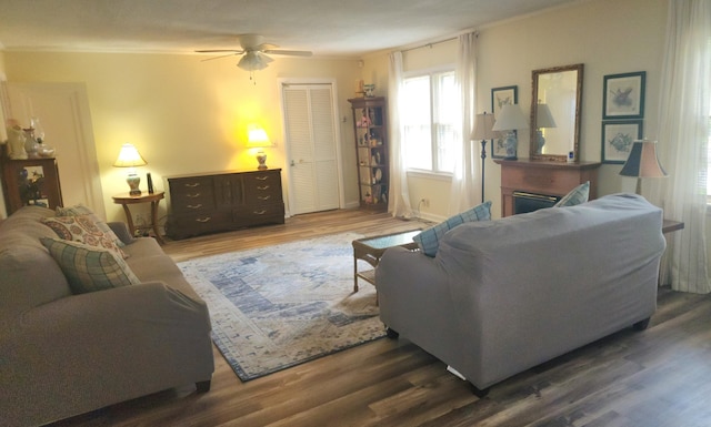 living room with ceiling fan, crown molding, and wood-type flooring