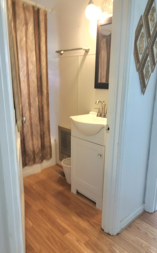 bathroom featuring hardwood / wood-style flooring and vanity