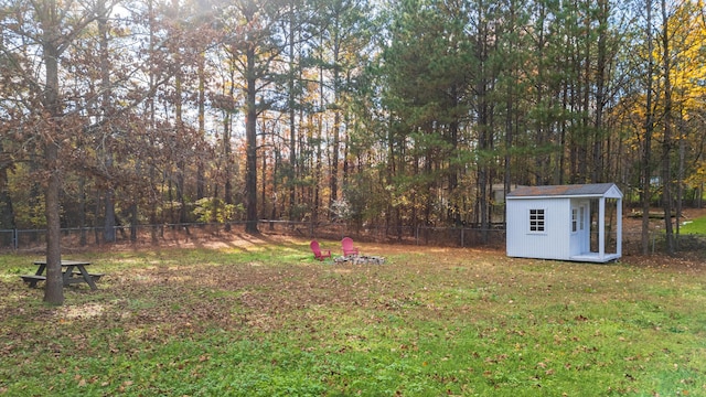 view of yard with a storage shed