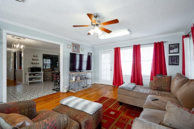 living room featuring a textured ceiling, crown molding, wood-type flooring, and ceiling fan with notable chandelier