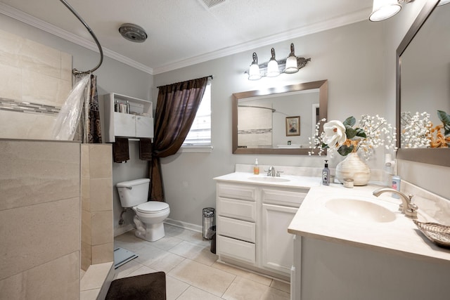 bathroom featuring ornamental molding, a shower with curtain, vanity, tile patterned flooring, and toilet