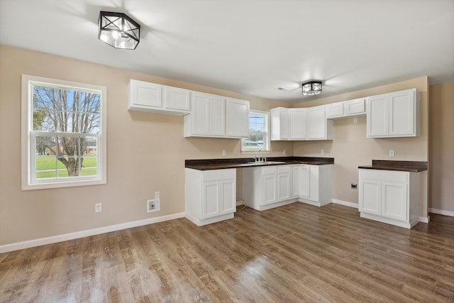 kitchen with white cabinets, hardwood / wood-style flooring, and sink