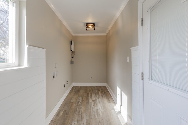 corridor with light hardwood / wood-style flooring and ornamental molding