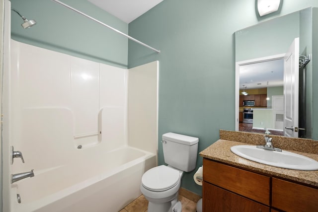 full bathroom featuring bathing tub / shower combination, tile patterned floors, vanity, and toilet