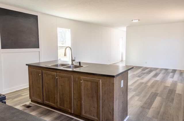 kitchen featuring a center island with sink, light wood-type flooring, and sink