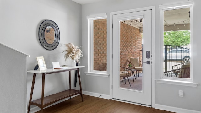 doorway with dark hardwood / wood-style flooring