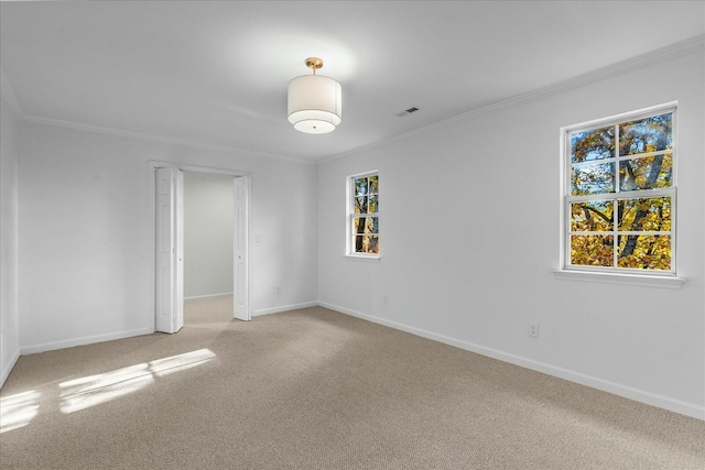 spare room with light carpet and crown molding